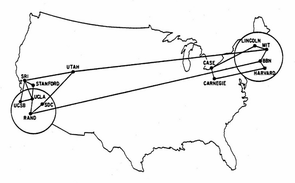 A map of US showing several universities and lines between them. 