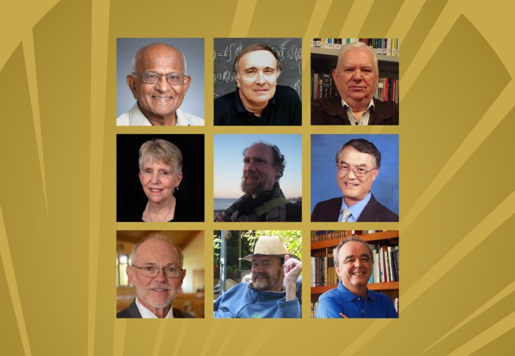 nine headshots, eight of men and one of a woman on golden background