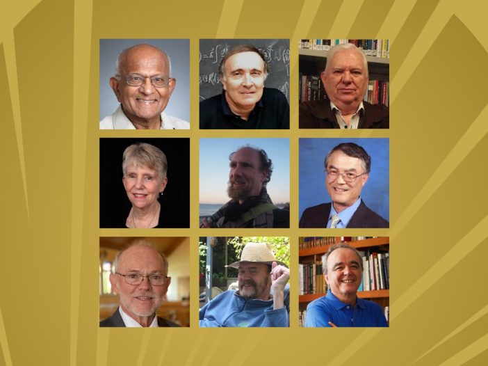 nine headshots, eight of men and one of a woman on golden background