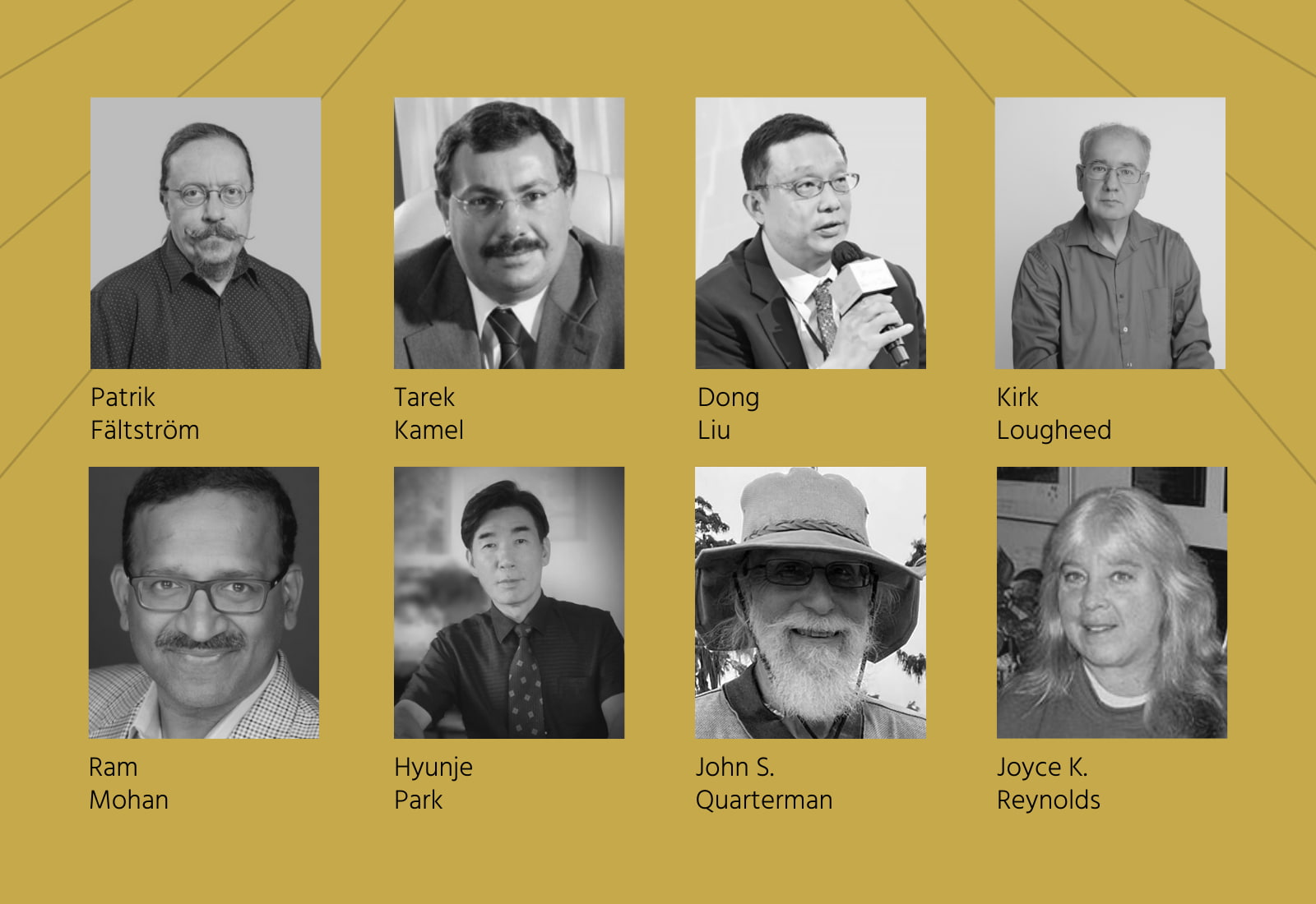 headshots of eight men and a woman with their names on a golden background